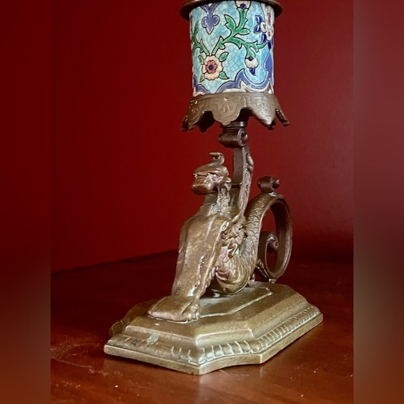 Antique French Longwy, Bronze Gargoyle Griffin Candlestick, Victorian, Gothic - Picture 5 of 12